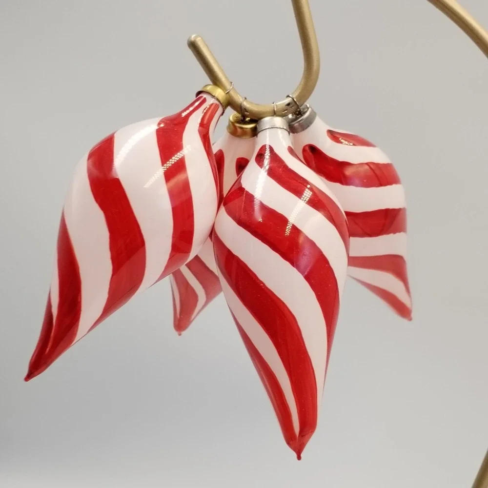 Set of 4 Handblown Glass Peppermint Swirl Teardrop Ornaments Red White Michoacan